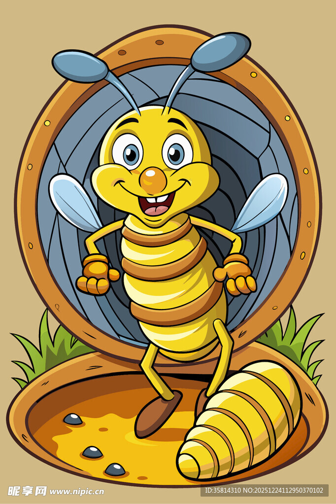 可爱蜜蜂站在蜂巢洞口