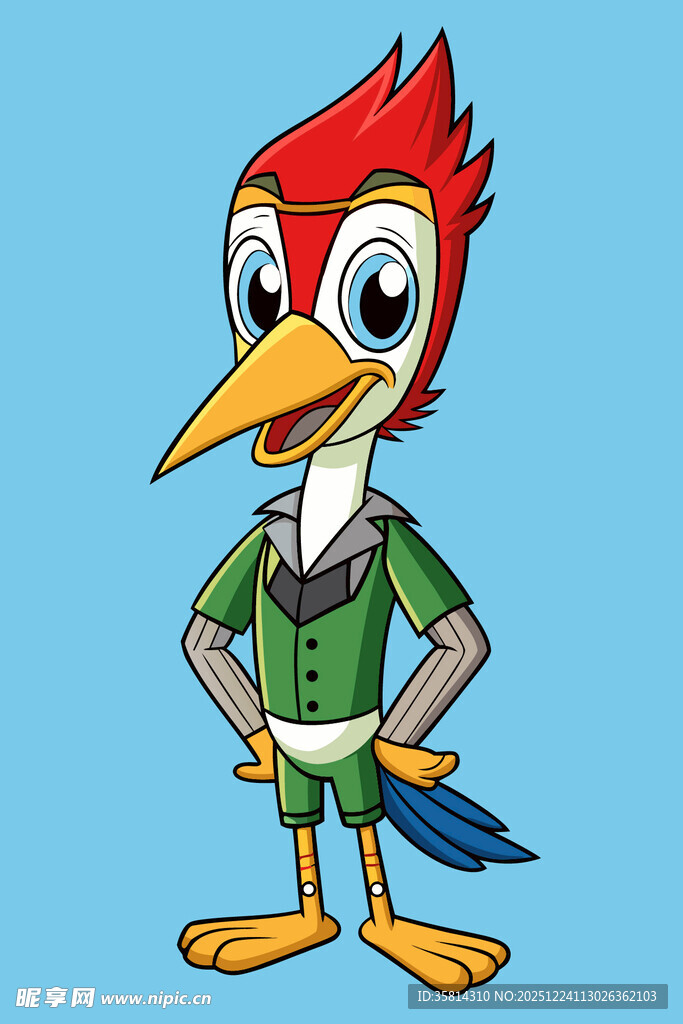 卡通红冠小鸟站立形象