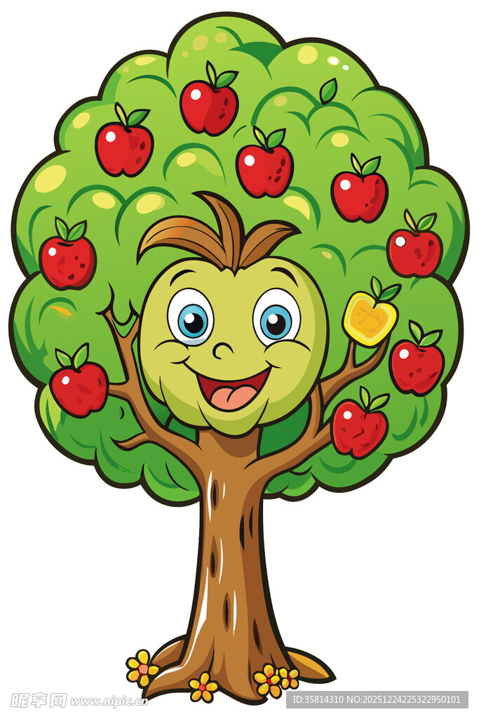 可爱笑脸苹果树插画