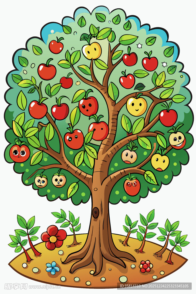 欢乐笑脸苹果树插画