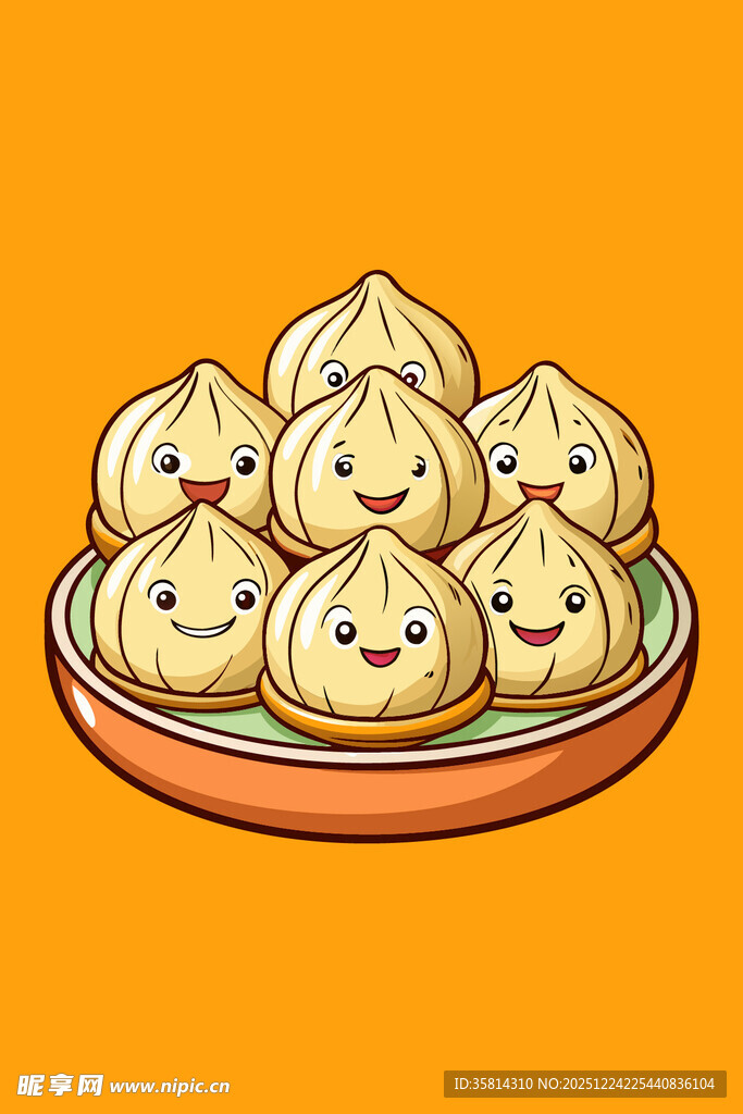 可爱表情的一盘小笼包