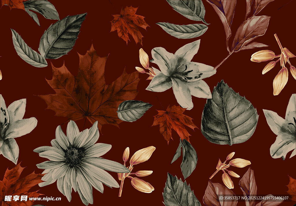 复古风花卉树叶图案背景