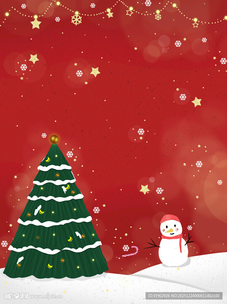 圣诞雪景中的圣诞树与雪人