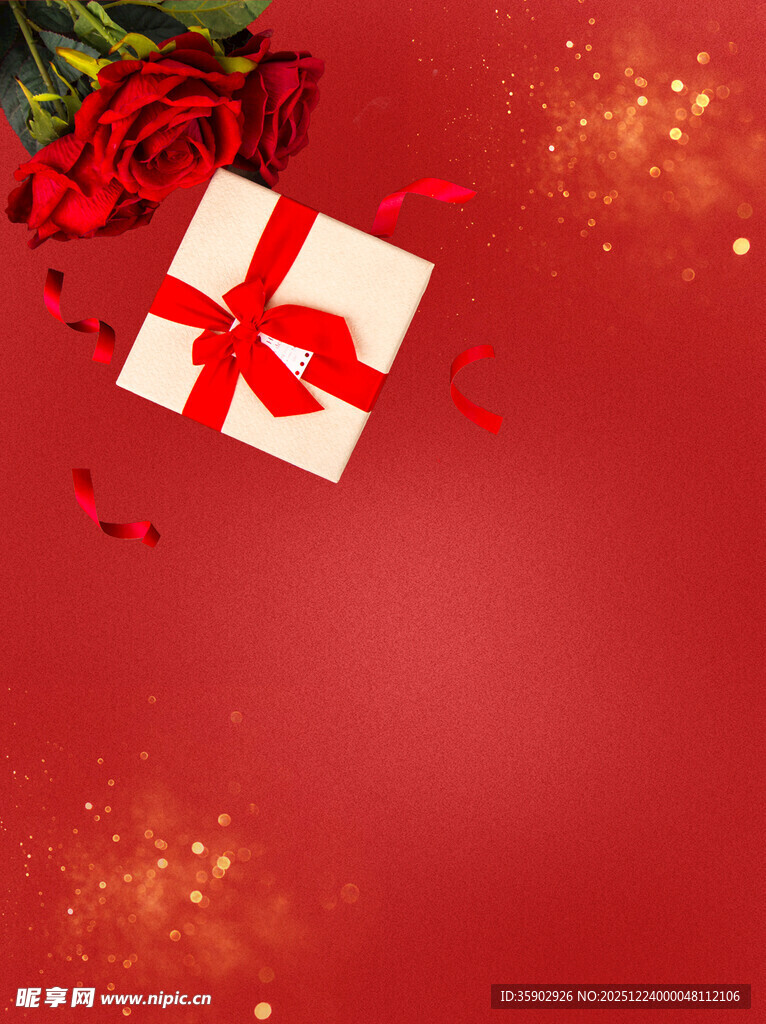 红色浪漫礼物与玫瑰背景