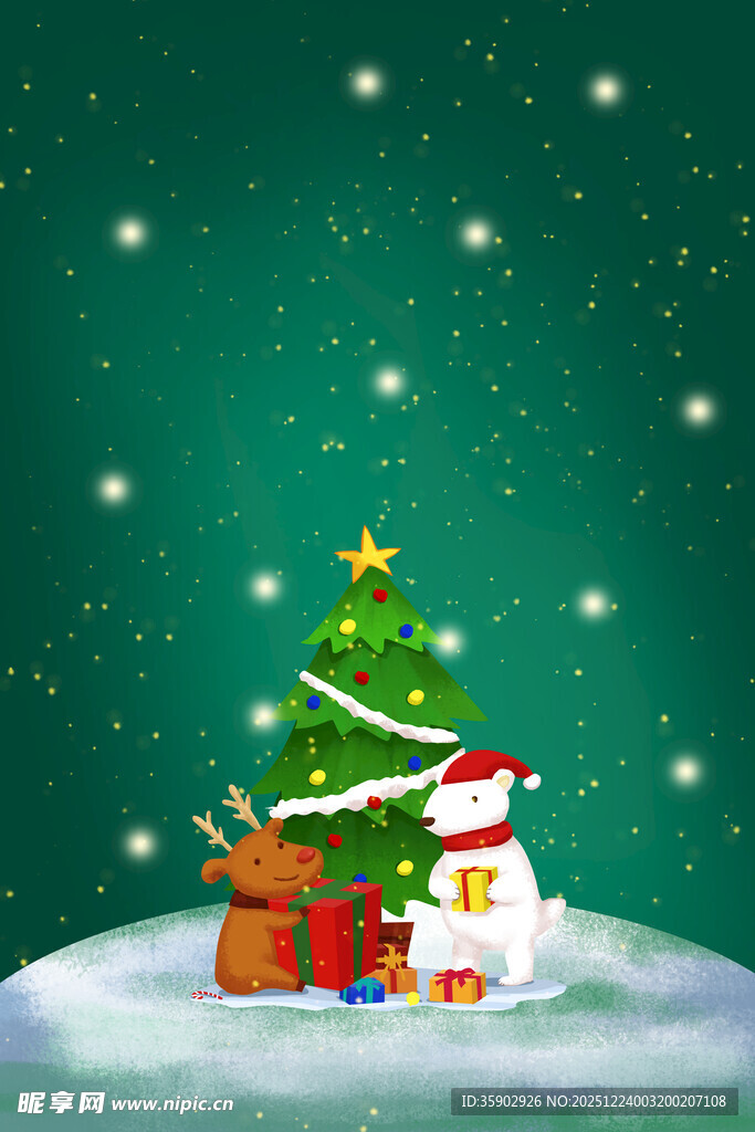 圣诞雪景中的圣诞树与雪人