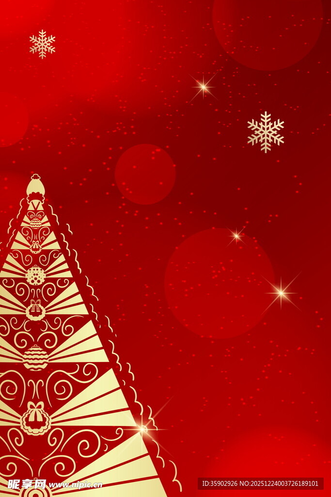 红色背景下的华丽圣诞树