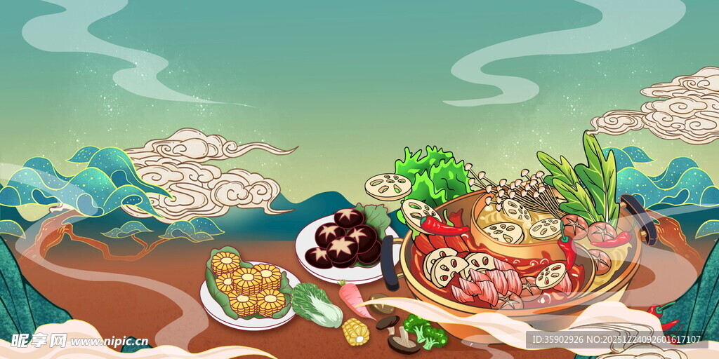 国潮风美食展板背景素材