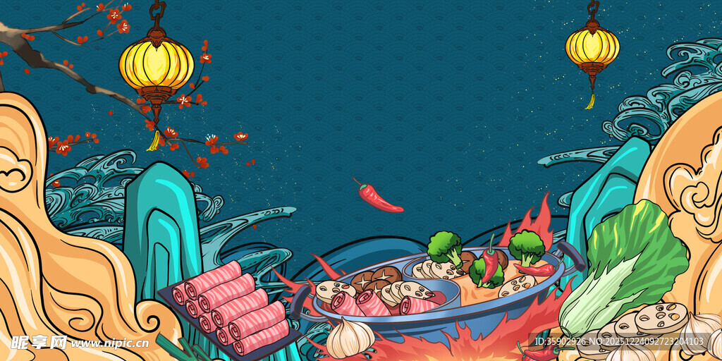 国潮风美食展板背景素材