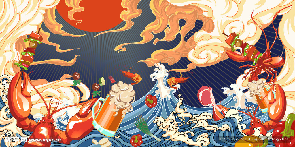 国潮风海鲜主题奇幻插画