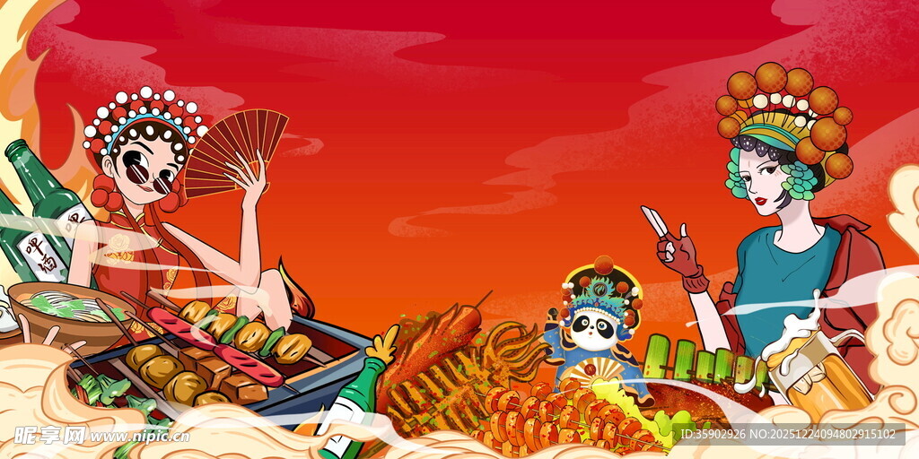 国潮风美食展板背景素材