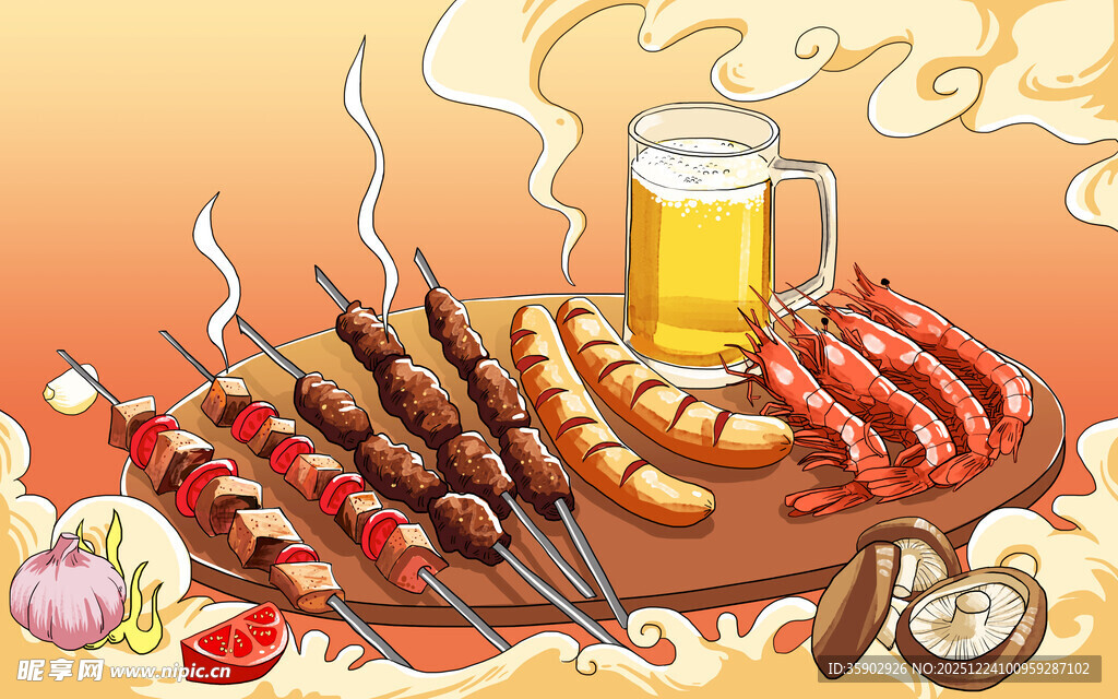 美味烧烤配啤酒诱人场景