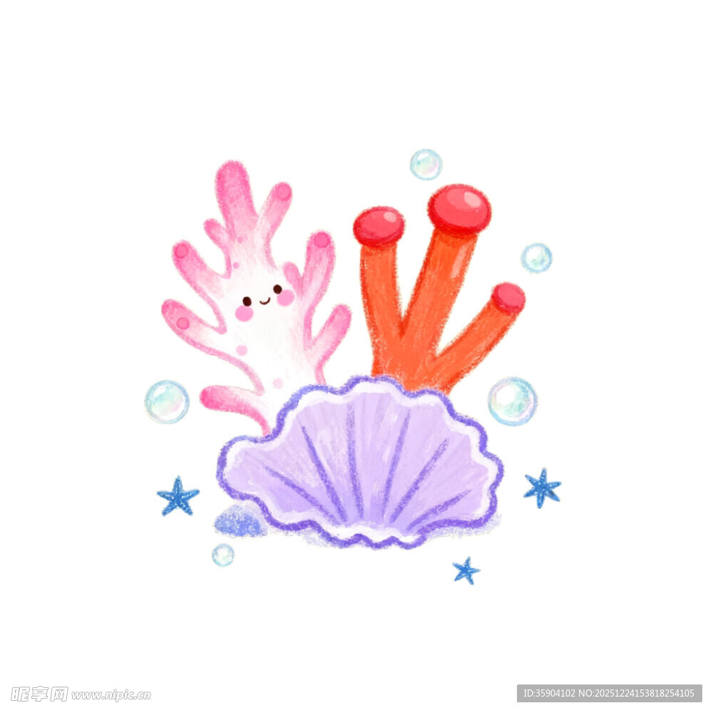 可爱海底贝壳与珊瑚手绘可爱插画