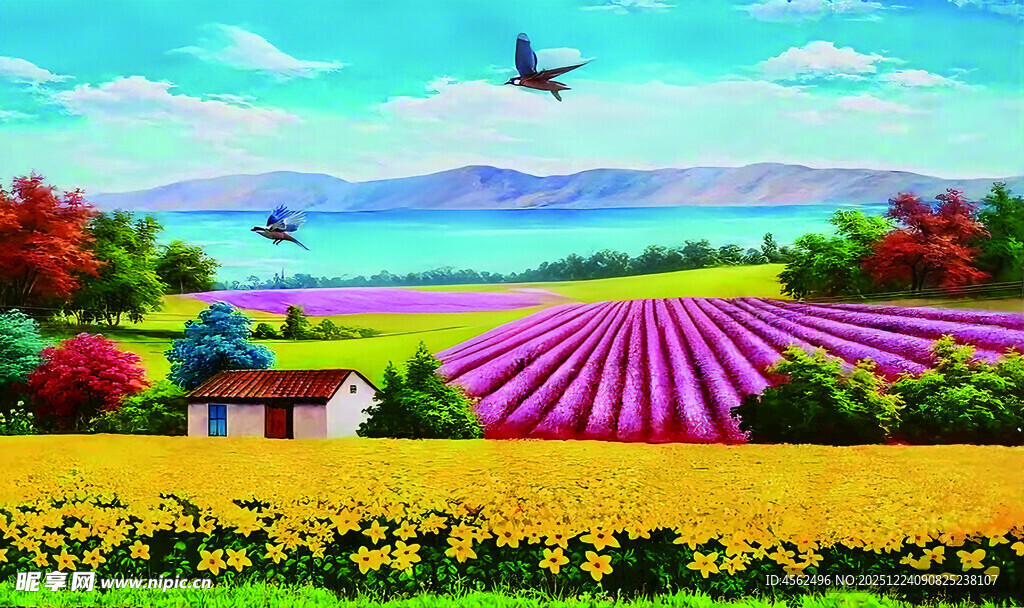 田园美丽风光插画新农村彩绘