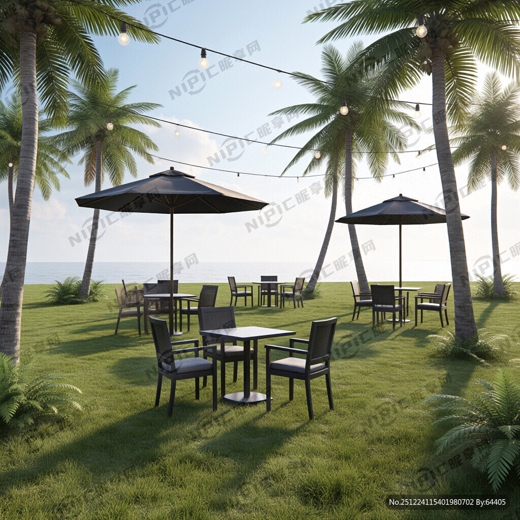 热带风格 草地上有几组深色桌椅