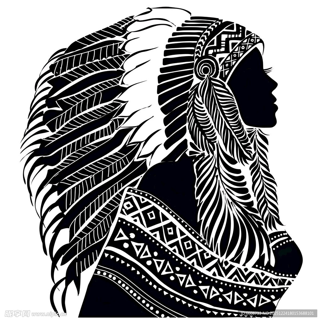 印第安女性头饰剪影