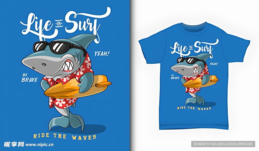 鲨鱼卡通图案T恤设计