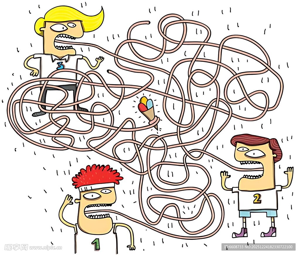 三人在复杂迷宫中探索