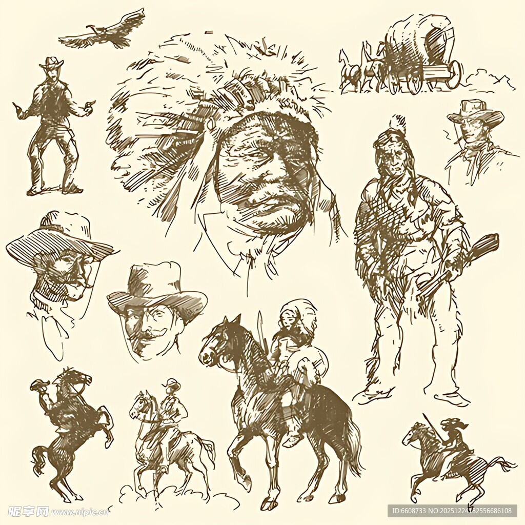 西部牛仔与印第安人插画