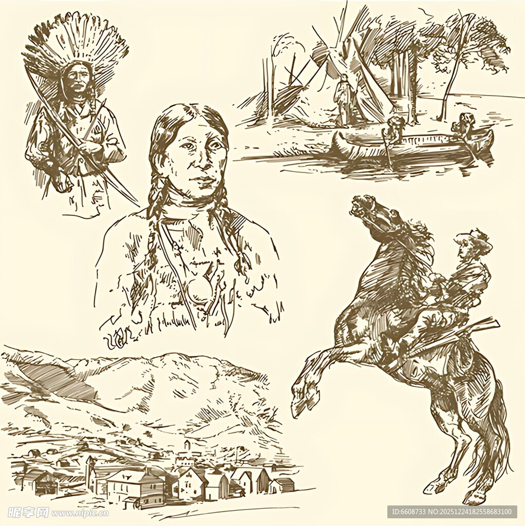 西部印第安人风情插画