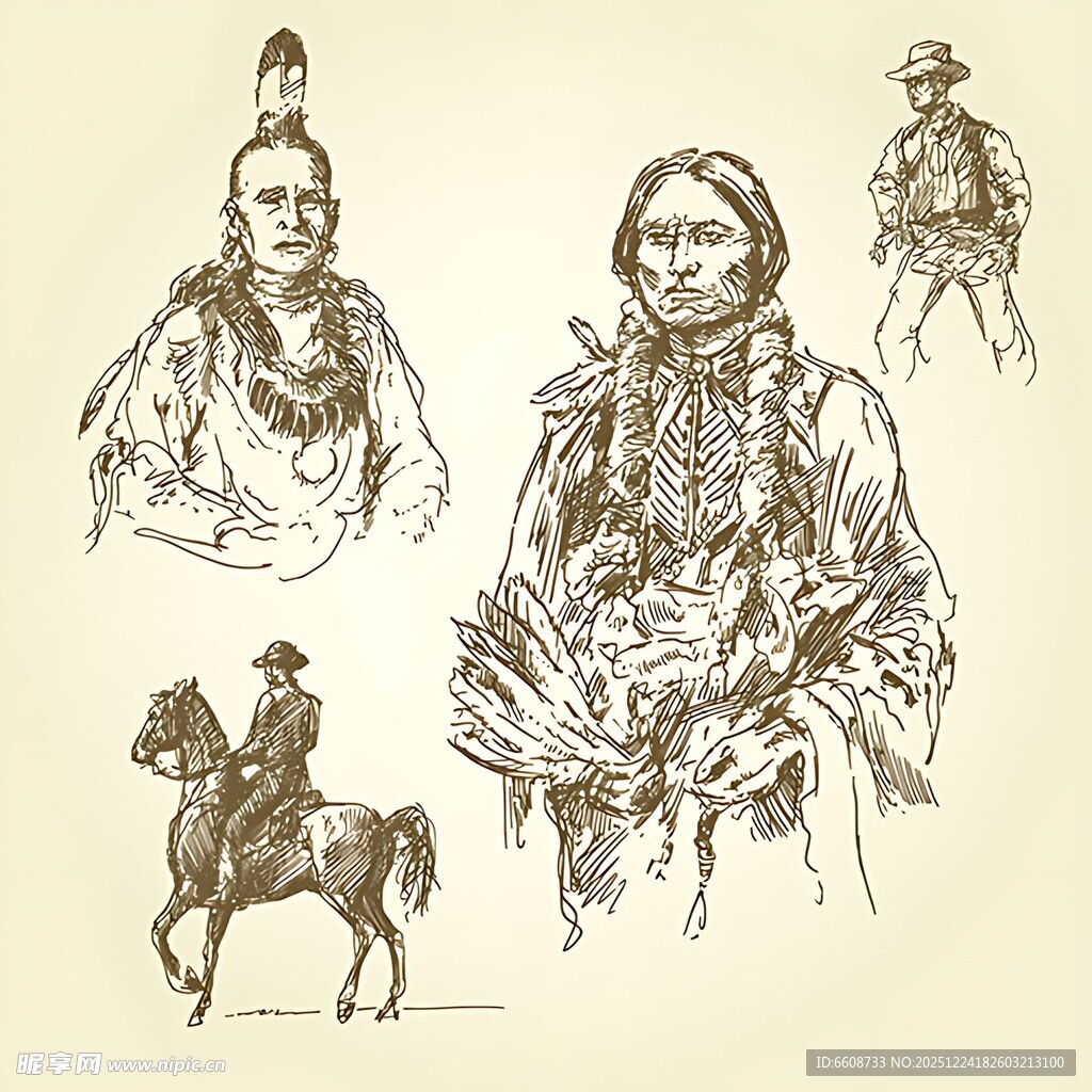印第安人物与骑马场景素描