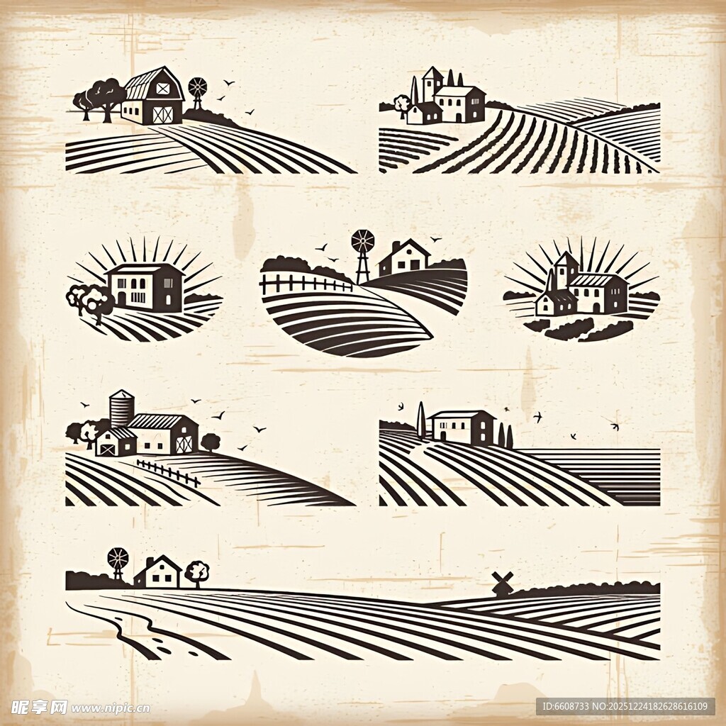 复古风农田与农机插画