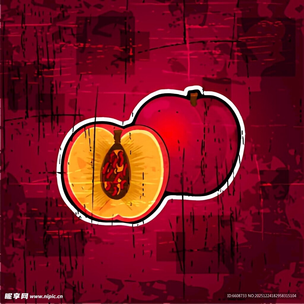 红色背景中的切开桃子