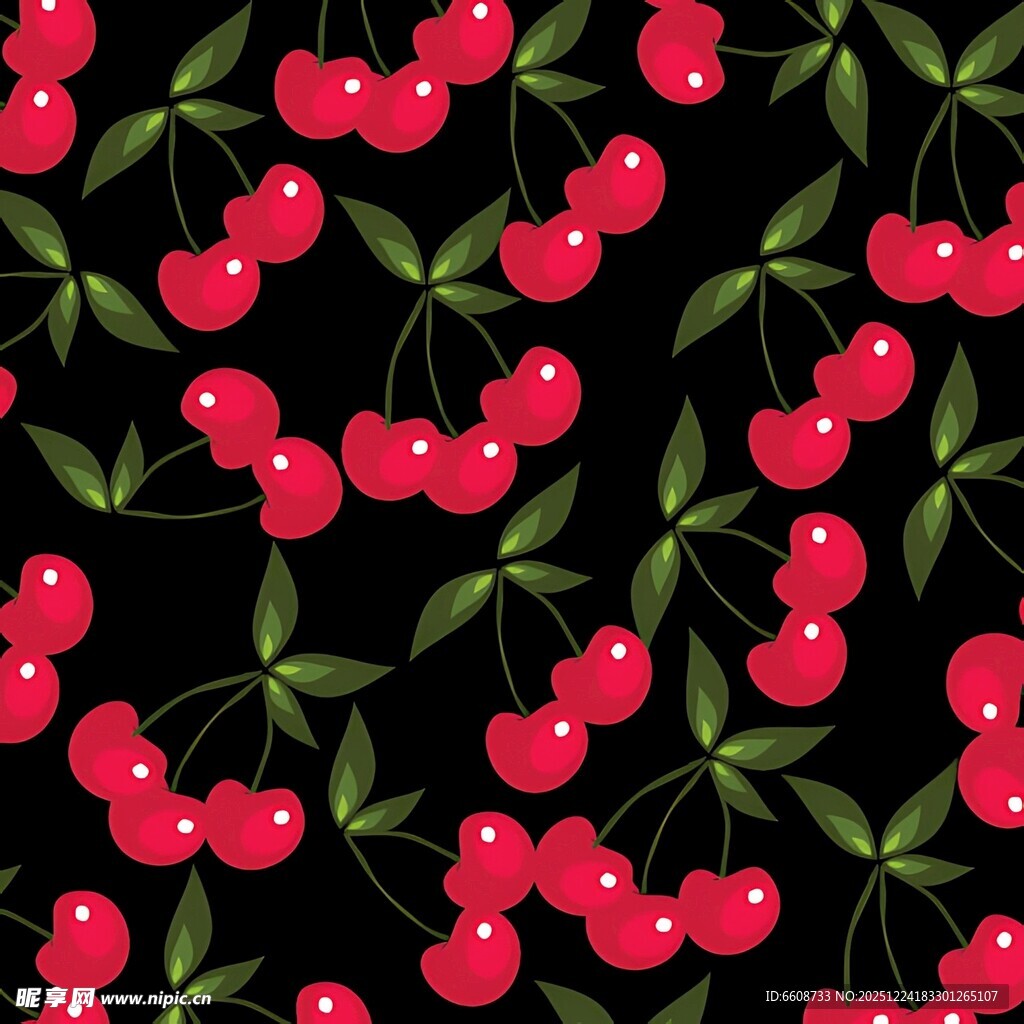 樱桃绿叶无缝图案背景