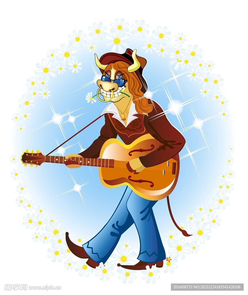 牛仔牛弹吉他欢乐瞬间