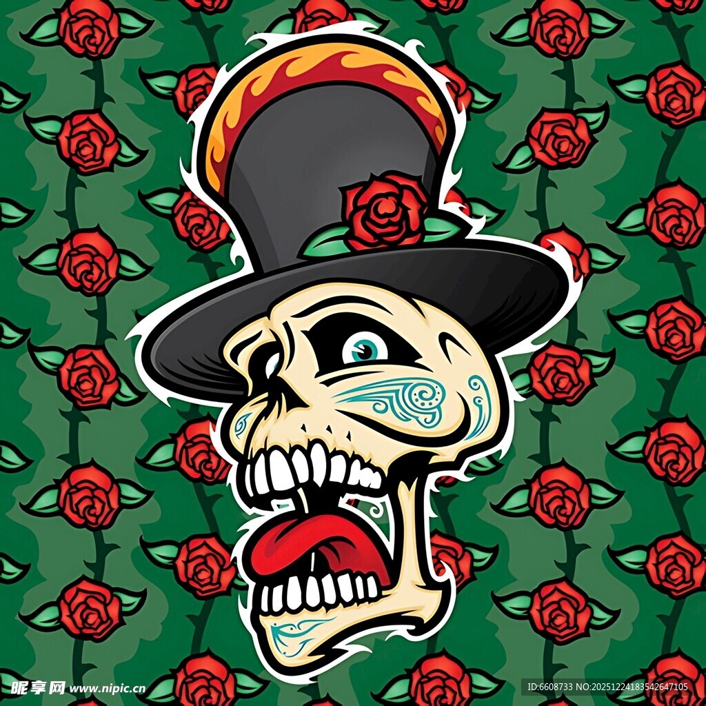 骷髅头戴礼帽配玫瑰图案