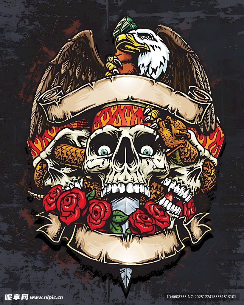 骷髅玫瑰鹰纹身图案
