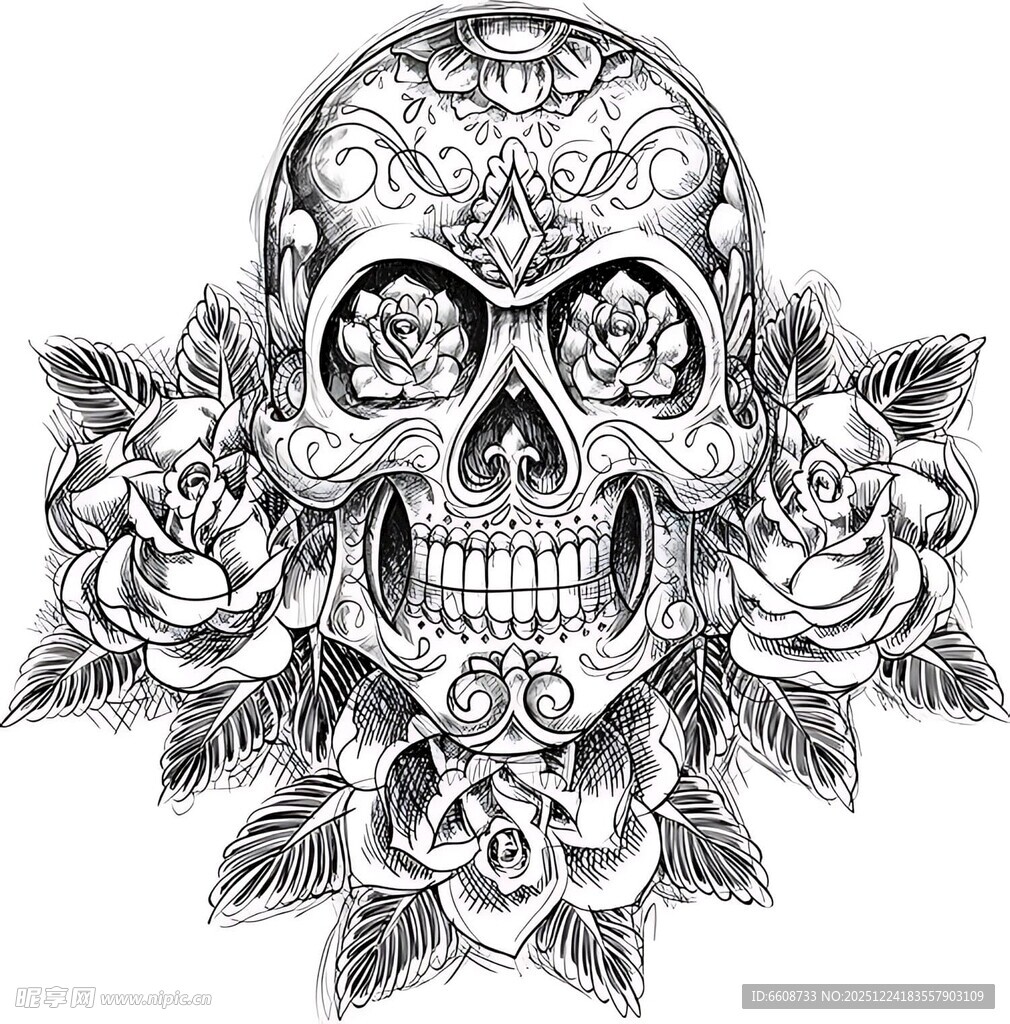骷髅玫瑰纹身图案设计