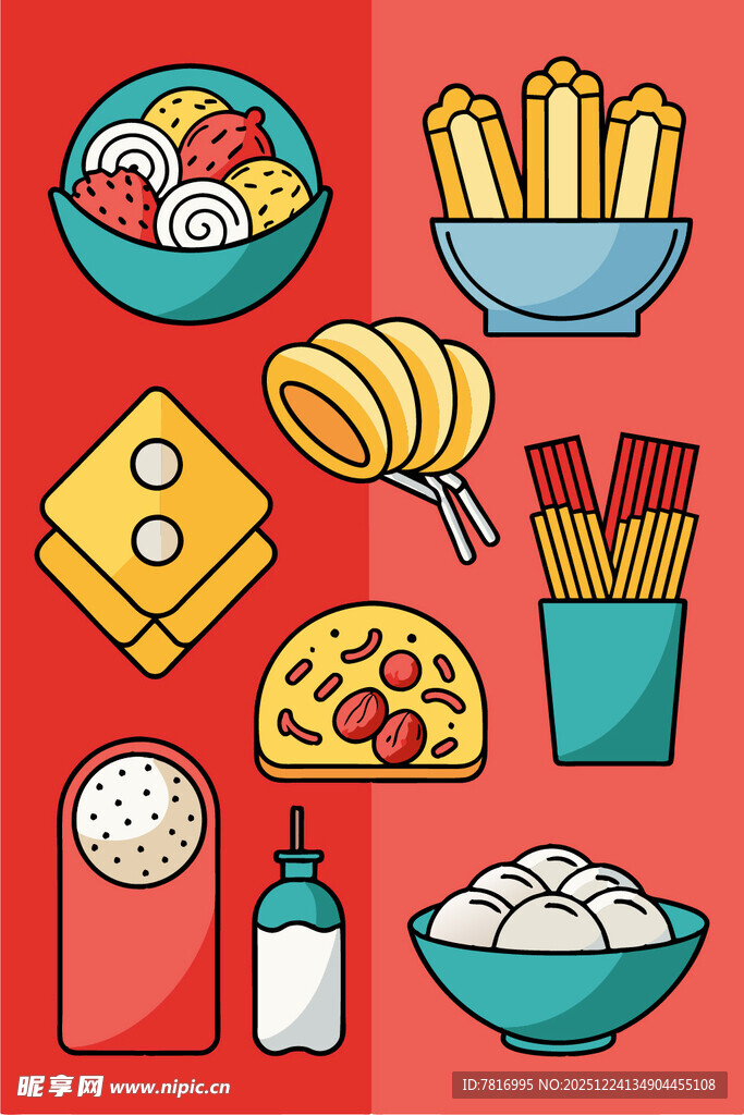 多彩卡通风格的美味食物集
