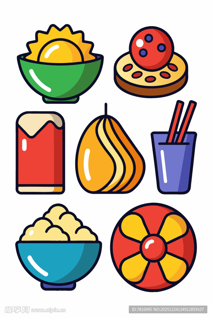 多彩卡通风格食物图标集