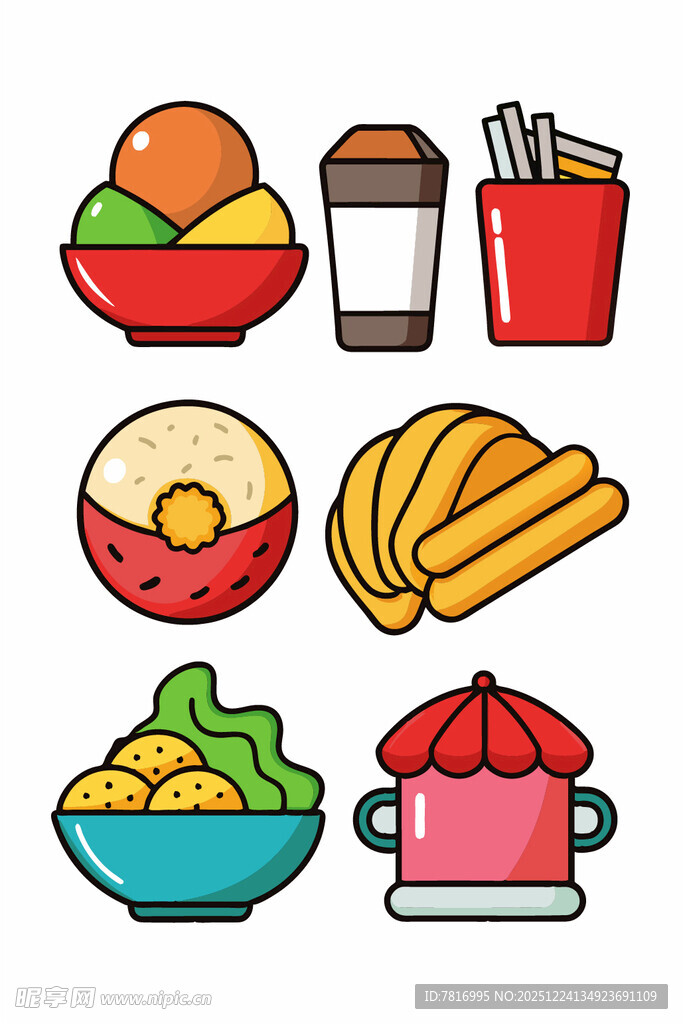 多彩卡通风格的美食图标集