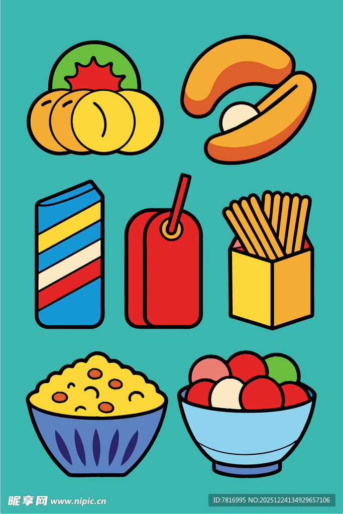 多彩卡通风格的美味食物