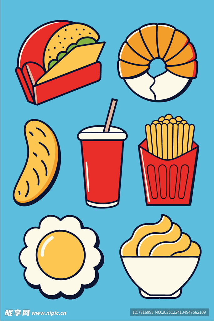 多样美味快餐食品集合