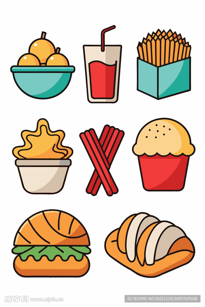 多彩卡通风格的美味食物