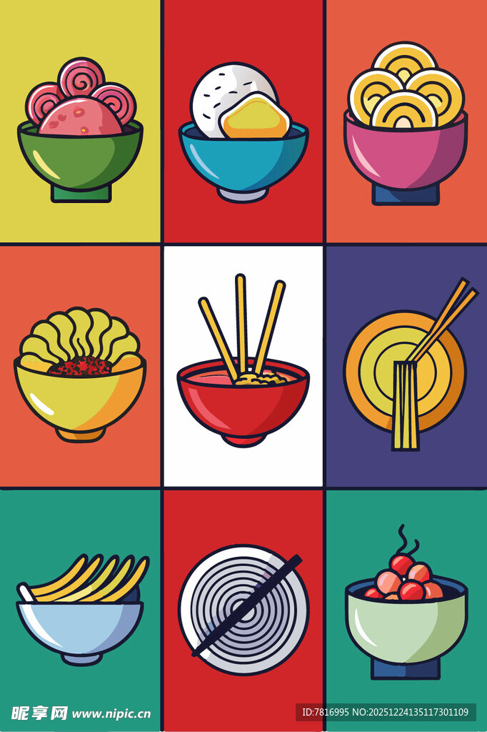 多彩面食与餐具插画