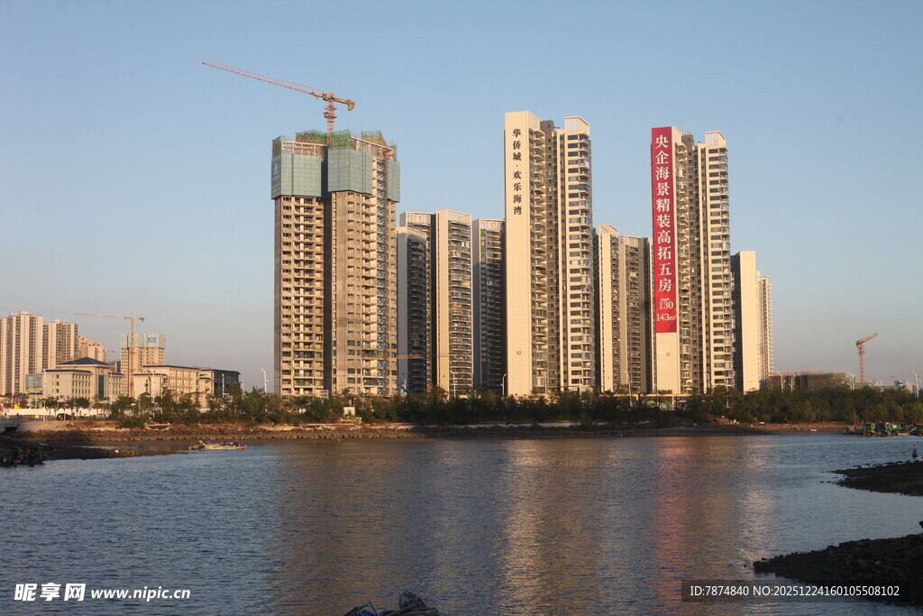 河畔高楼林立的城市风光