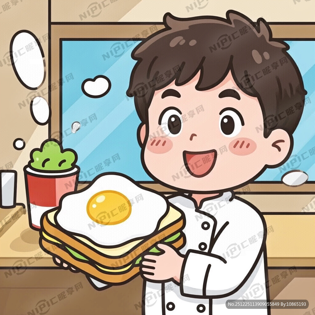 卡通男厨师手拿爆蛋吐司