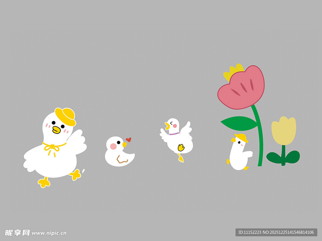 可爱鸭子与花朵插画