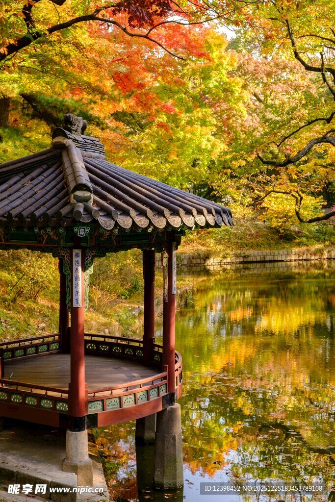 秋日湖畔古亭美景