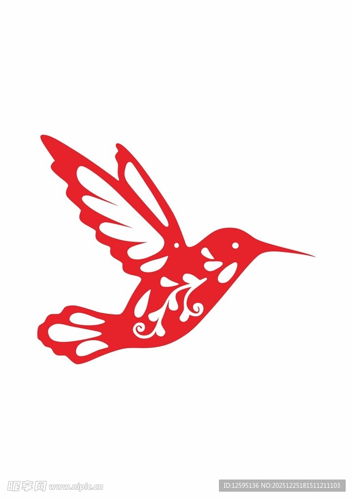 红色剪纸风飞翔蜂鸟