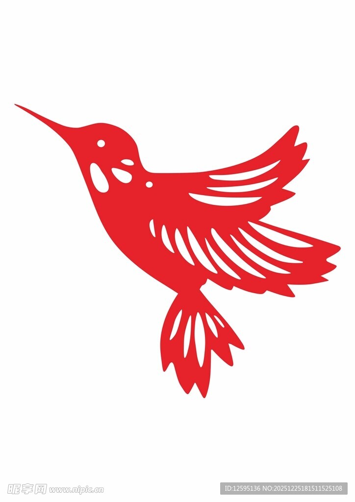 红色剪纸风飞翔的蜂鸟