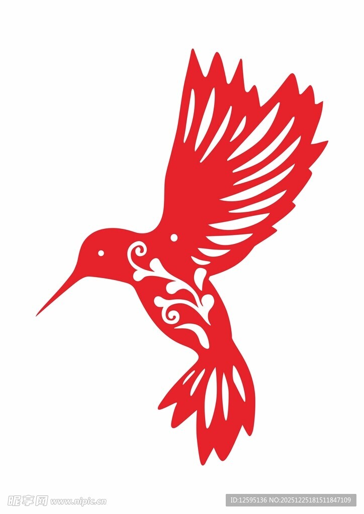 红色剪纸风蜂鸟图案
