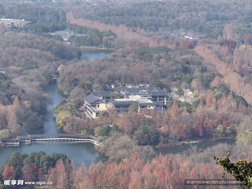 秋日山林间的静谧建筑景观