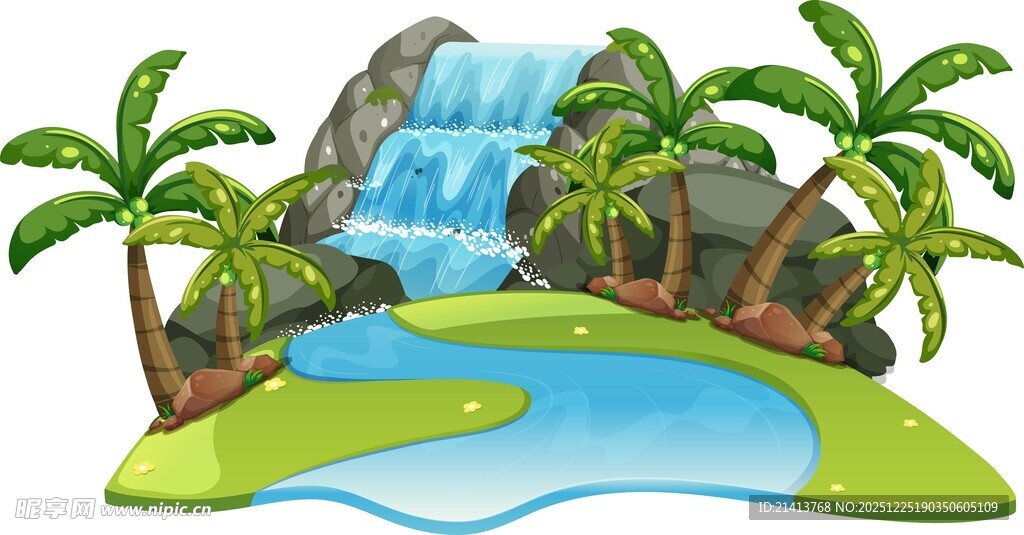 热带风光之瀑布与棕榈树