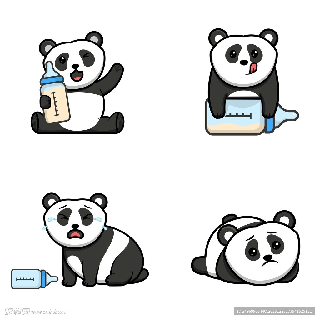 可爱熊猫使用奶瓶趣味插画