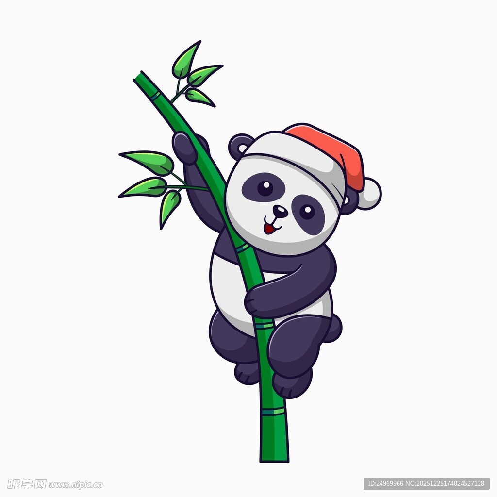 戴圣诞帽攀竹的可爱熊猫
