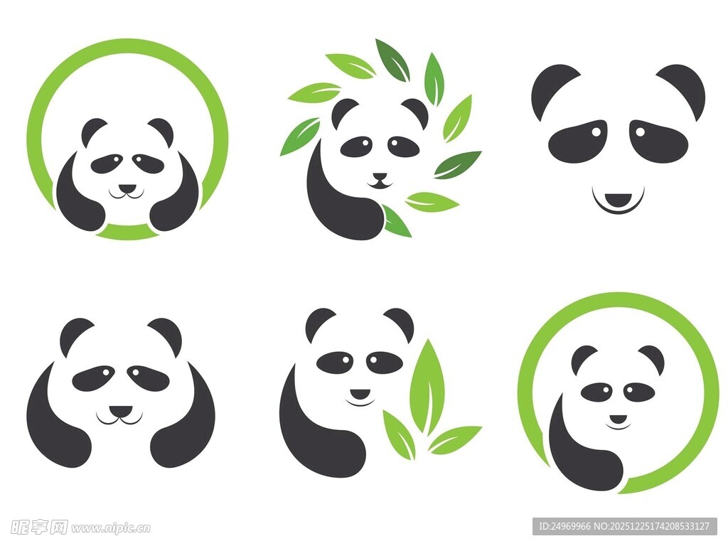 熊猫与绿叶可爱图标集